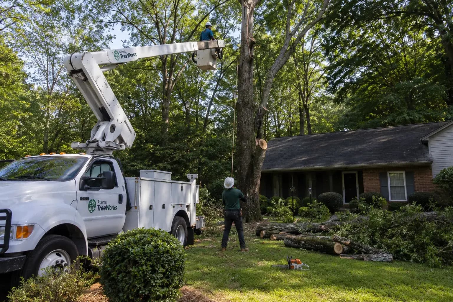 Tree crew using ropes to lower a large pine limb beside a Raleigh home
