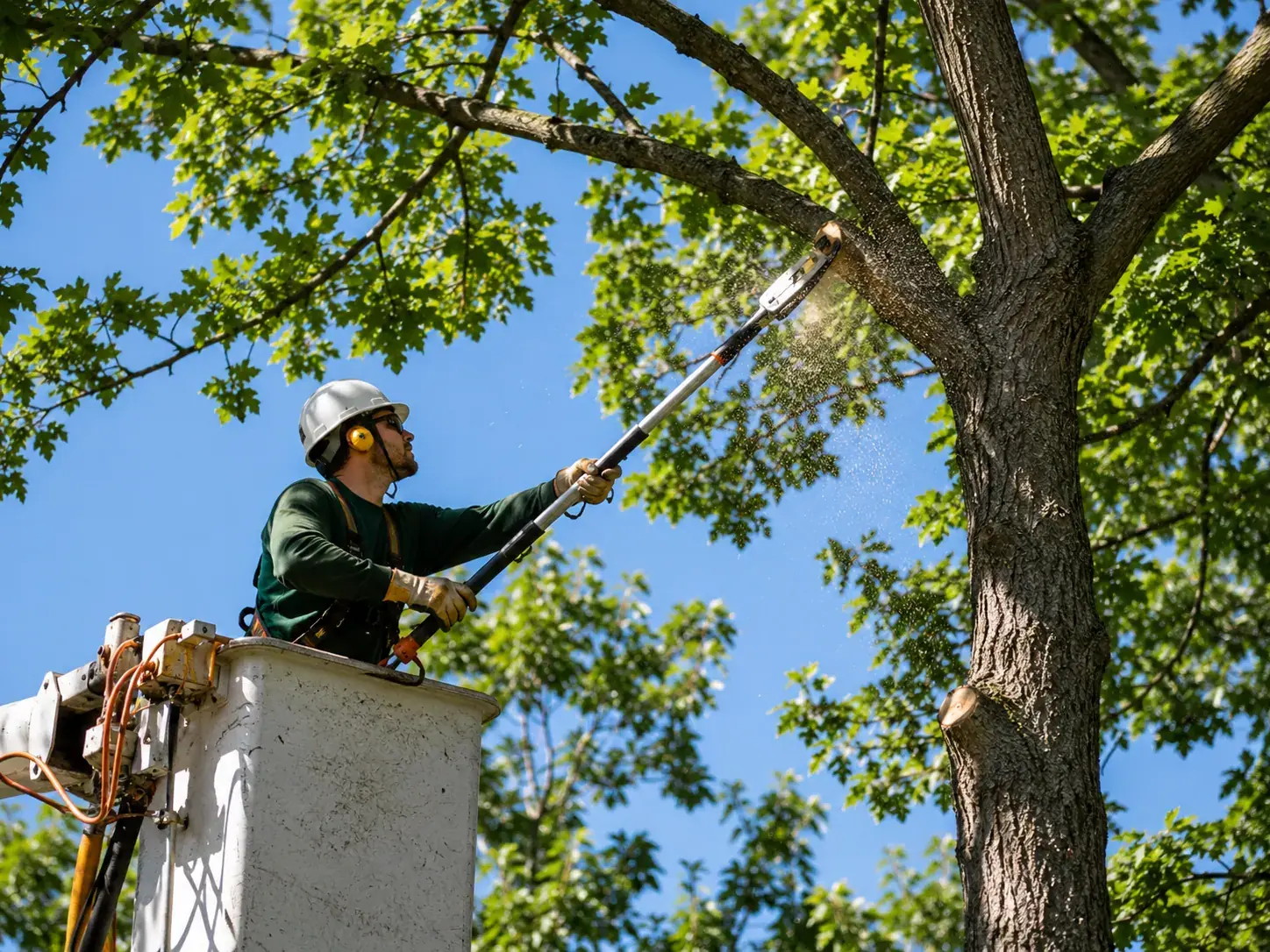 Arborist making a clean reduction cut in a healthy Raleigh willow oak